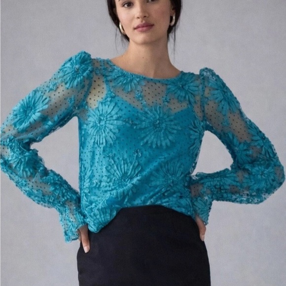 Anthropologie Tops - Antropologie NWT Eva Franco Turquoise Lace Floral Ruffle
Blouse Shirt